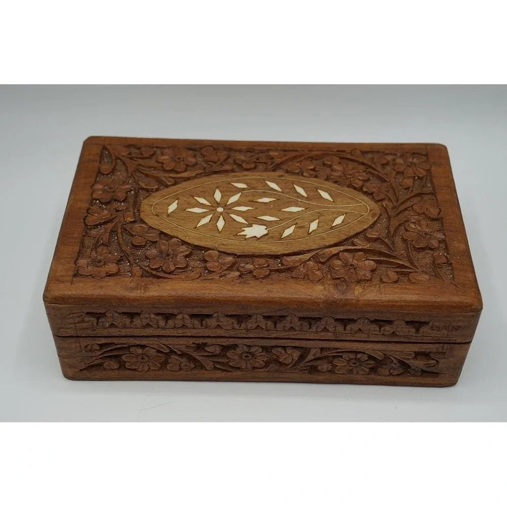 Vintage Carved Wood Jewelry Box Shell Inlay Floral Hinged Trinket Box India 8x5
